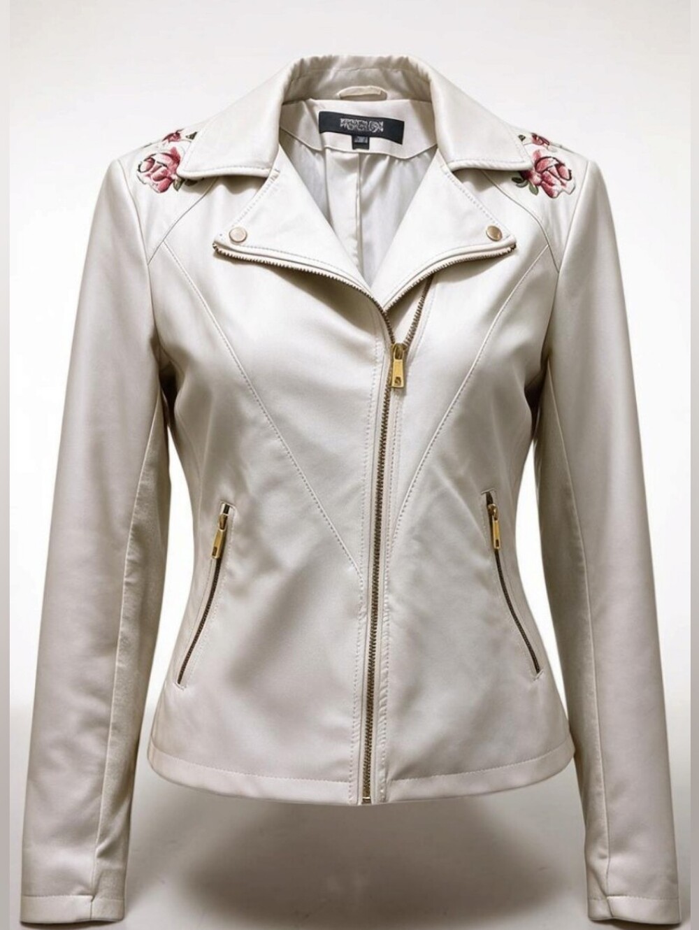 Kenneth Cole Reaction Cream Faux Leather Embroidered Moto Jacket  Size XL